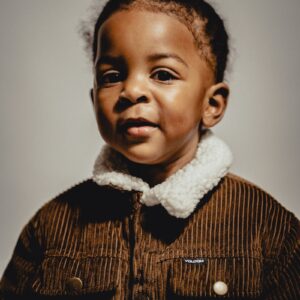 a small child with a brown jacket and a white collar